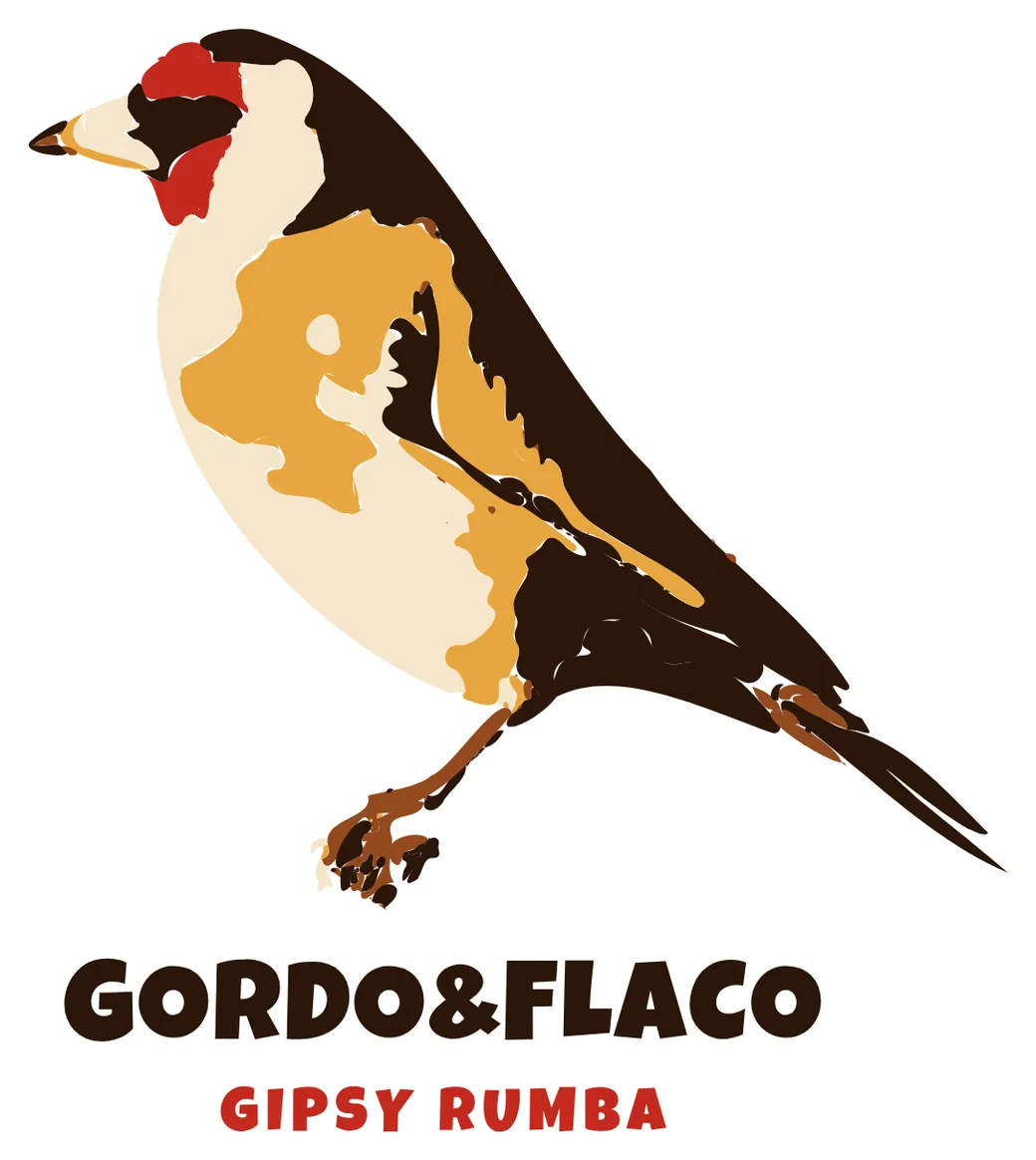 Logotipo de El Gordo y el Flaco: un jilguero con el nombre Gordo&Flaco y el lema gipsy rumba